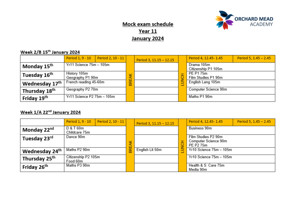 Year 11 GCSE Mock Exam Schedule January 2024 Orchard Mead Academy